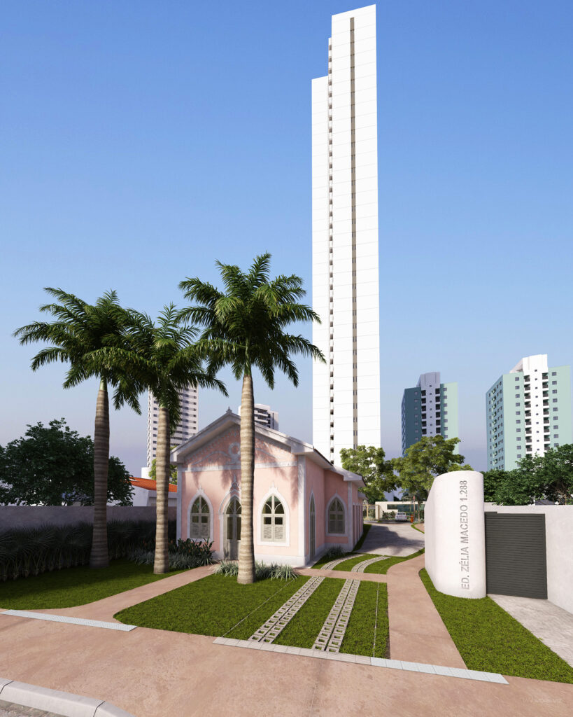 Projeção de casarão no Bairro da Torre, no Recife, com o edifício Zélia Macedo ao fundo